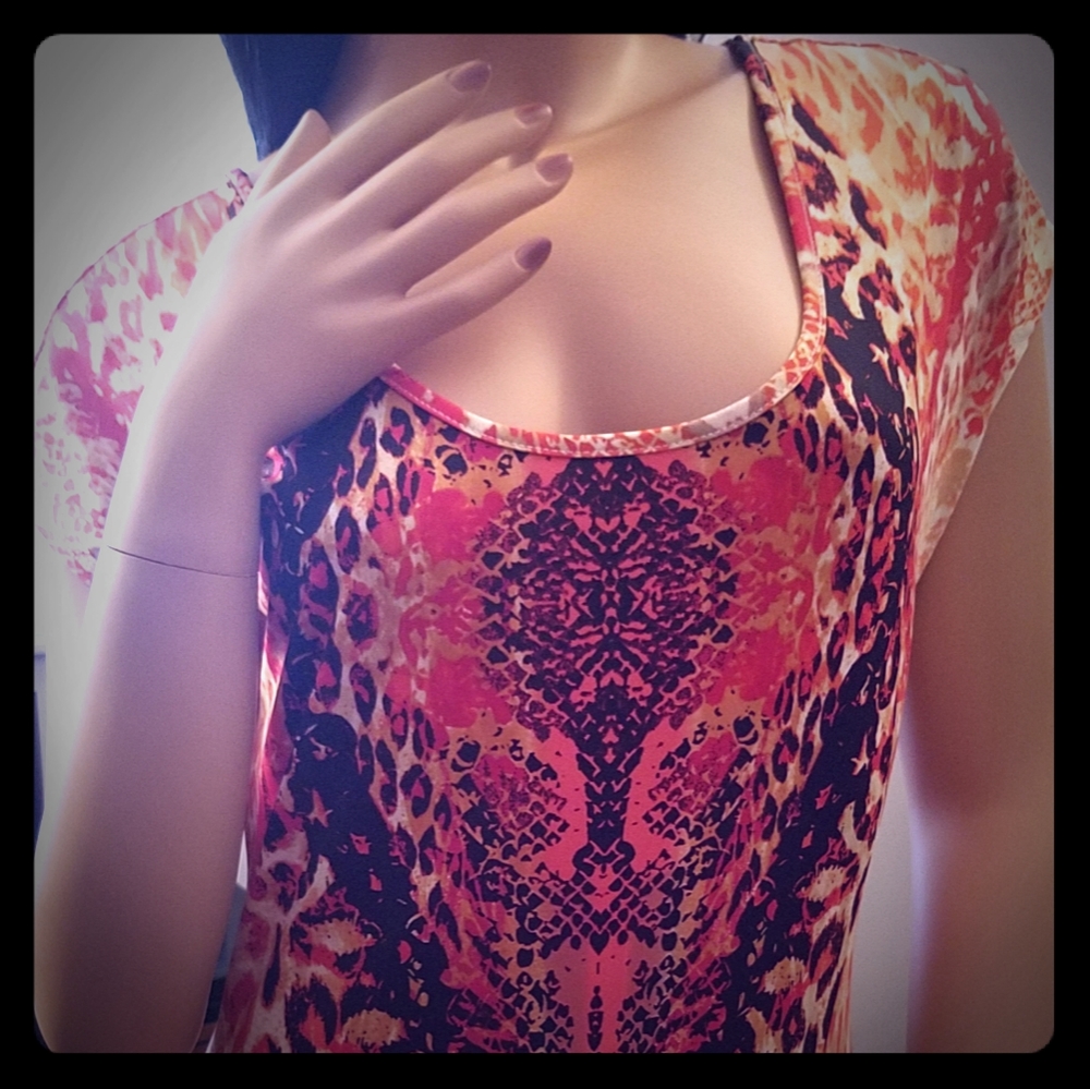 Red, orange and black short sleeved maxi dress